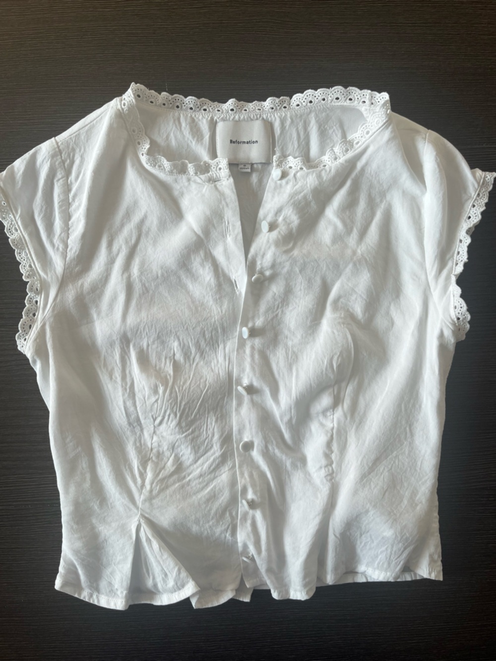 Reformation White Eyelet-Trim Button Front Top